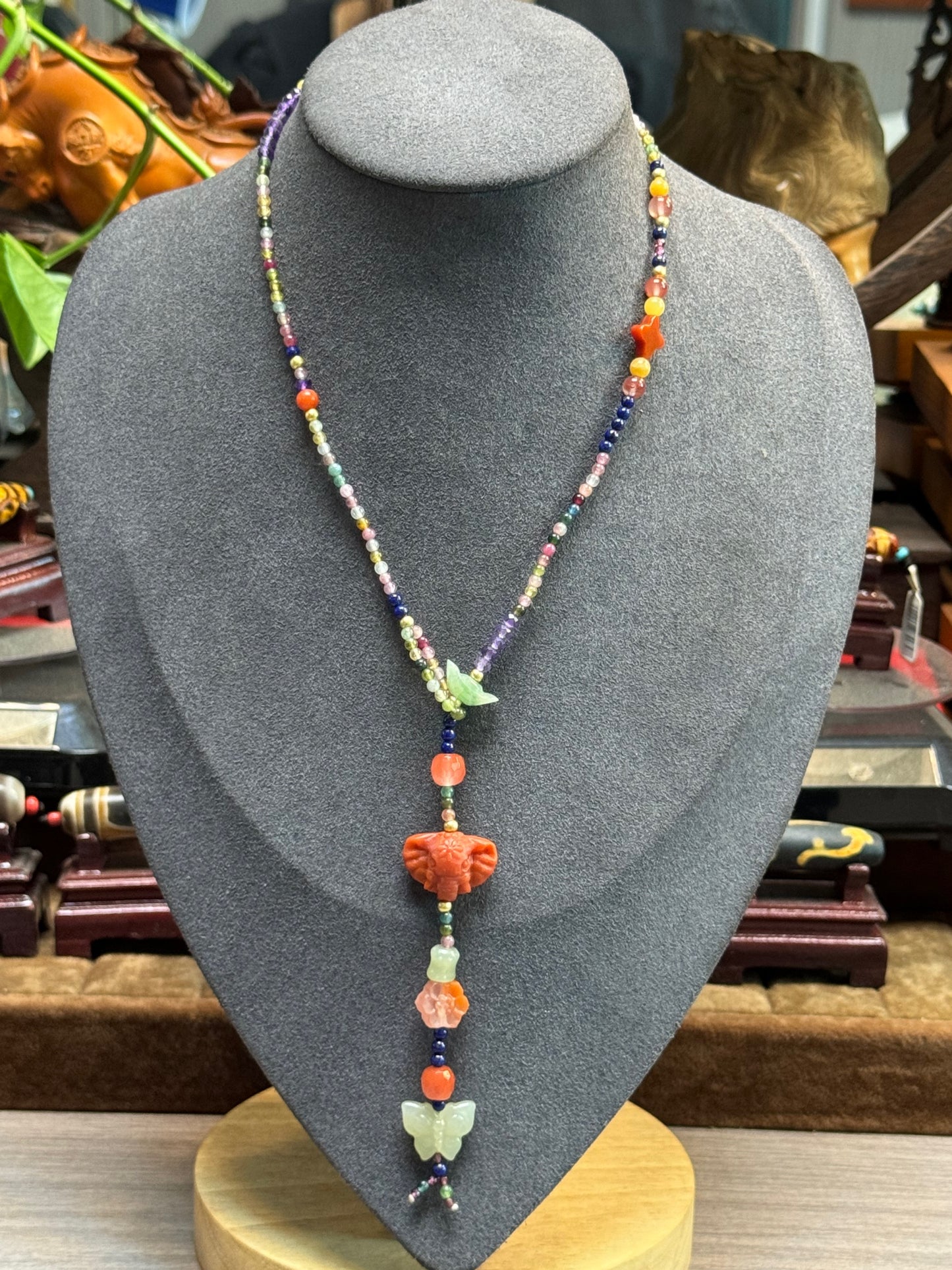 Vintage Czech Bead Necklace with Natural Gemstones and Bird Motif